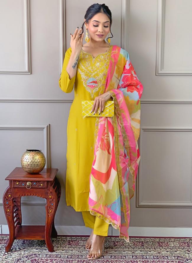 Viscose Yellow Casual Wear Embroidery Work Readymade Straight Suit